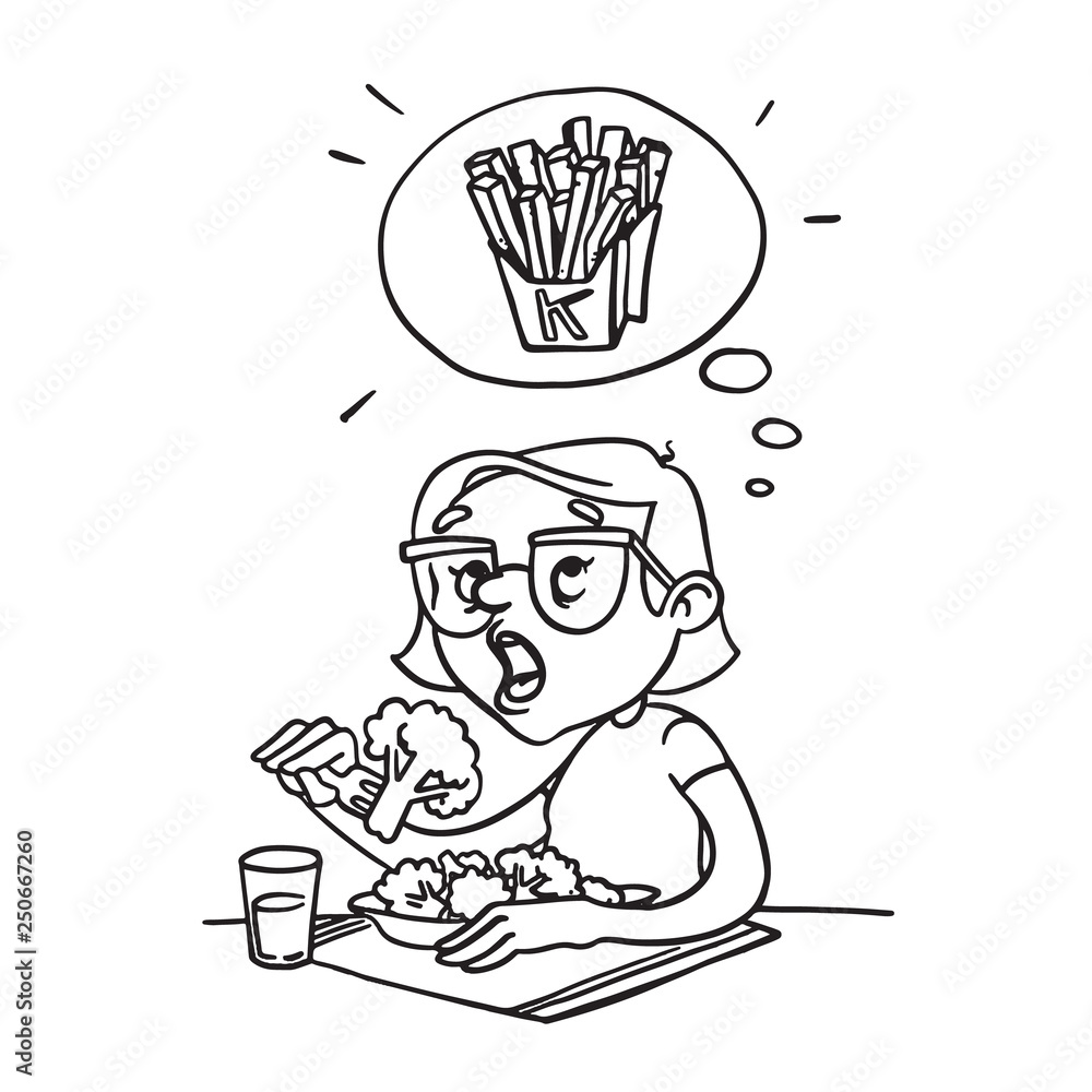Girl eating broccoli and thinking about fried potatoes. Healthy food. Girl eating broccoli and thinking about fried potatoes. Healthy food.
