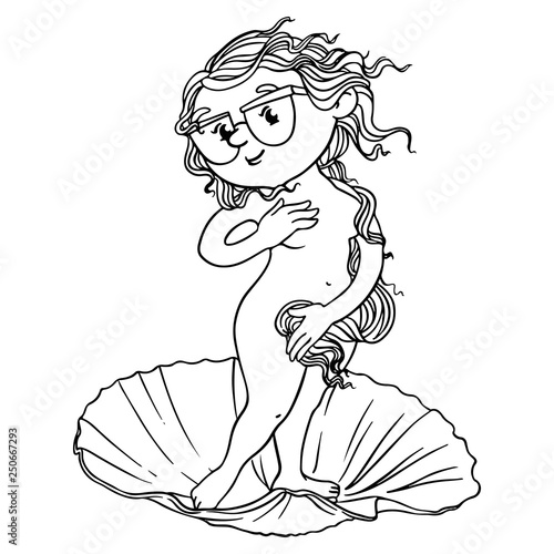 cartoon Aphrodite in a shell. Vector isolated outline coloring book page.
