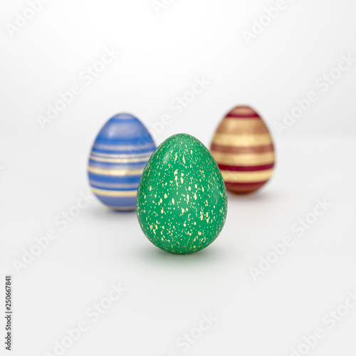 Three Easter egg concept with striped golden decoration