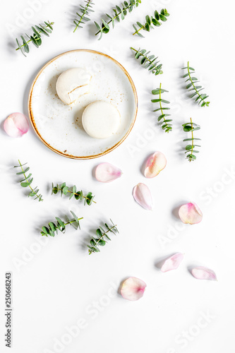 light breakfast with spring pattern on white background top view