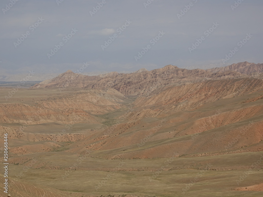 Fototapeta premium Panorama from Mels Ashuu pass 3420m, Naryn region of Kyrgyzstan. Tian Shan.