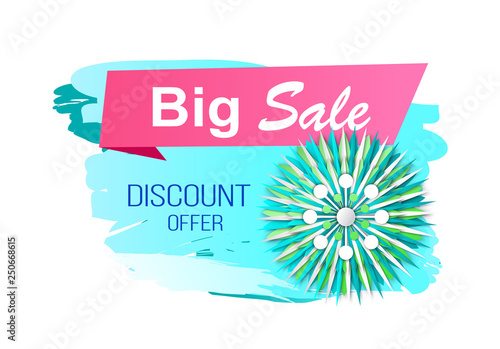 Big sale discount offer spring proposition banner vector. Isolated icon with flower in bloom, ribbons and text sample, brush style promotion of goods