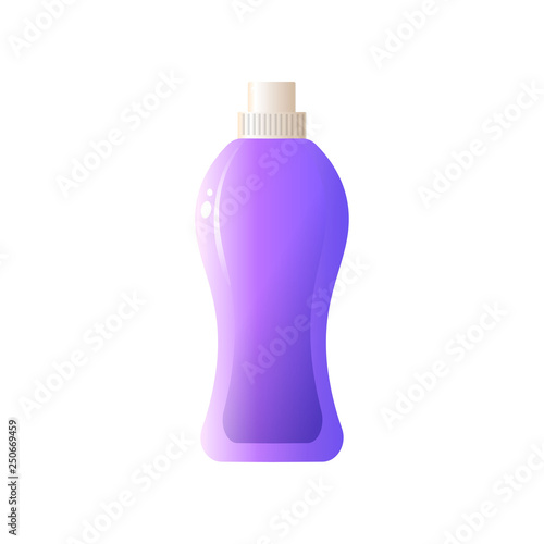 Purple large volume plastic bottle with liquid detergent for dishes isolated on white background.