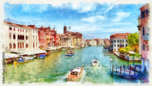 Venetian Grand Canal with boats, watercolor painting © vlukas