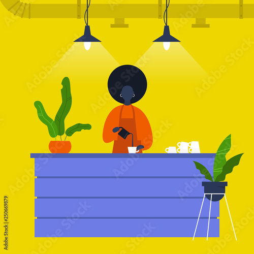 Young black female barista pouring coffee at the bar counter. Cafe. Loft interior. Modern lifestyle. Flat editable vector illustration, clip art