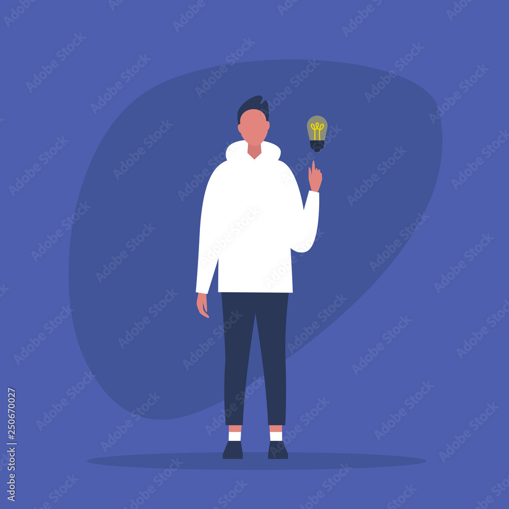 Idea Concept. Problem solving. Aha moment. Young male character pointing a finger on the light bulb / flat editable vector illustration, clip art Idea Concept. Problem solving. Aha moment. Young male character pointing a finger on the light bulb / flat editable vector illustration, clip art