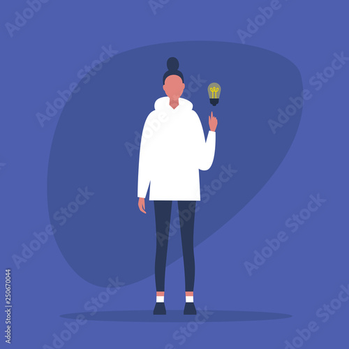 Idea Concept. Problem solving. Aha moment. Young female character pointing a finger on the light bulb / flat editable vector illustration, clip art
