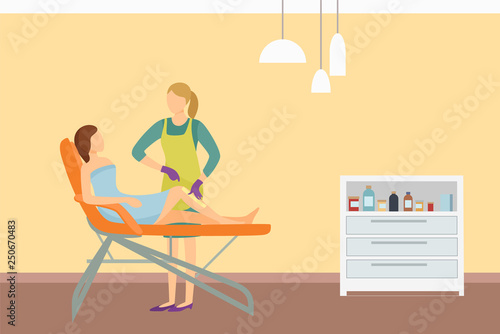 Depilation spa salon interior poster. Woman lying on chair and cosmetician making wax or sugaring epilation on legs. Procedure of removing unnecessary hair