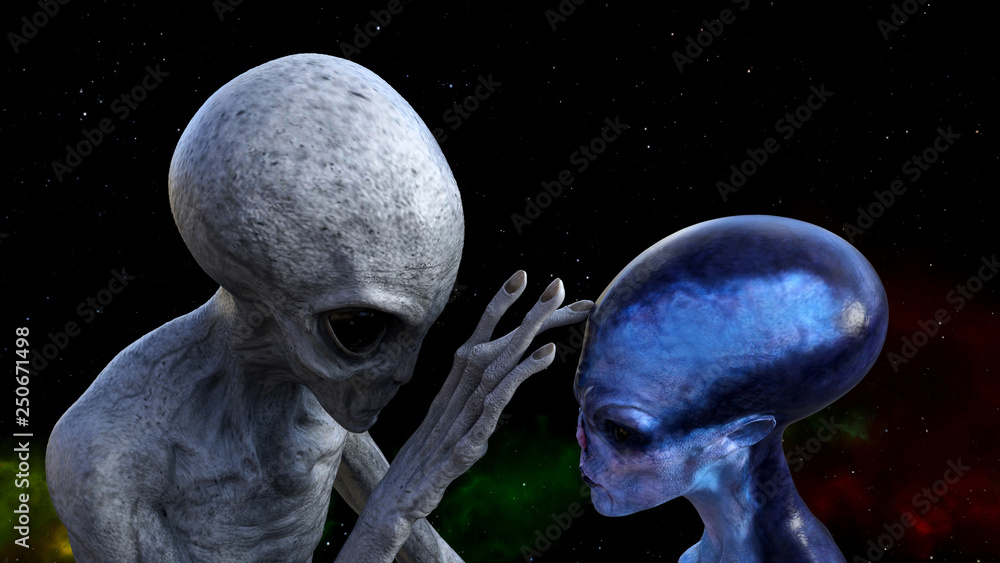 Illustration of a gray alien touching the forehead of a blue  extraterrestrial in space with a red and green nebula in the background.  Stock Illustration | Adobe Stock