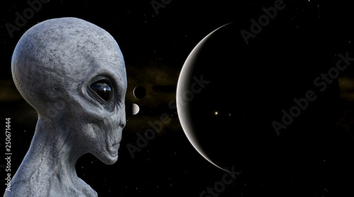 Illustration of a gray alien in the foreground with planets and moons in the background. © Bert Folsom