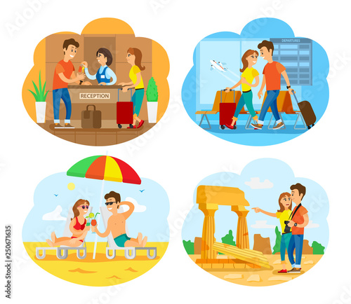 Ruins of old city vector, people traveling together, couple by seaside. Coast with sand and seawater, airport arrivals rush, sightseeing of tourists