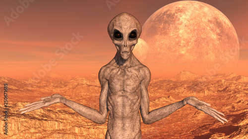 Illustration of a gray alien with arms in a whatever gesture with moons in the background on a red world. photo
