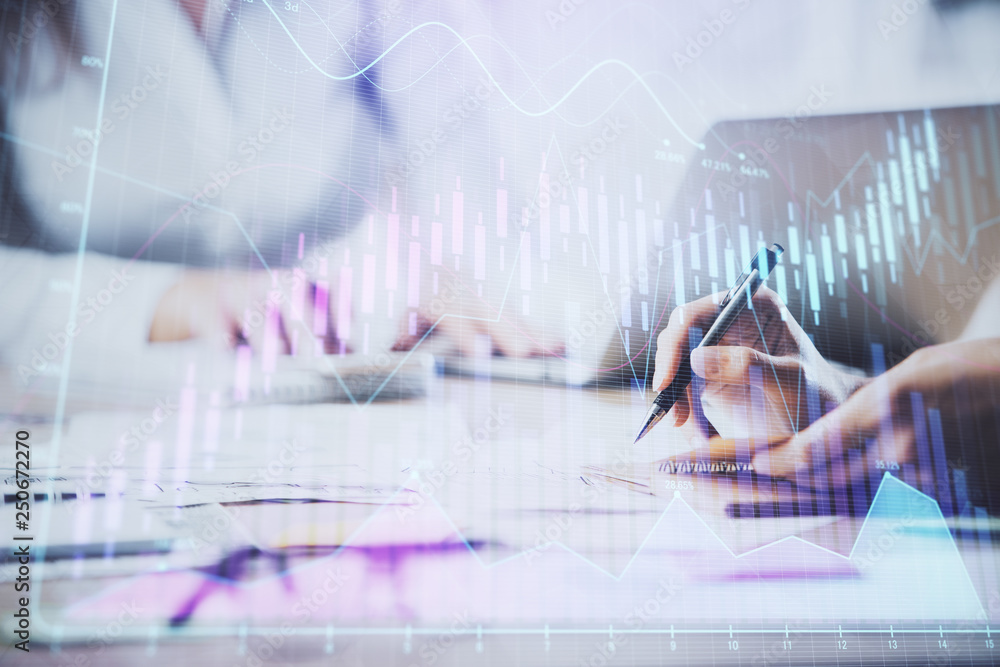Close up of hands writing with double exposure of business charts. Financial concept. Close up of hands writing with double exposure of business charts. Financial concept.