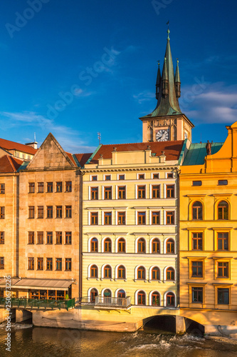 Historic buildings on the Vltava River in the Old Town of Prague at sunset  Czech Republic  Europe.