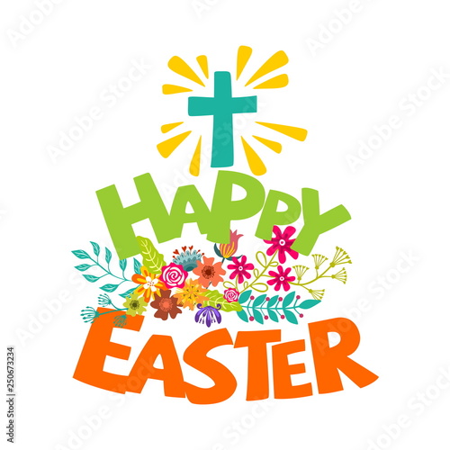 Happy easter. Lettering and graphic elements. Cross of Jesus Christ.