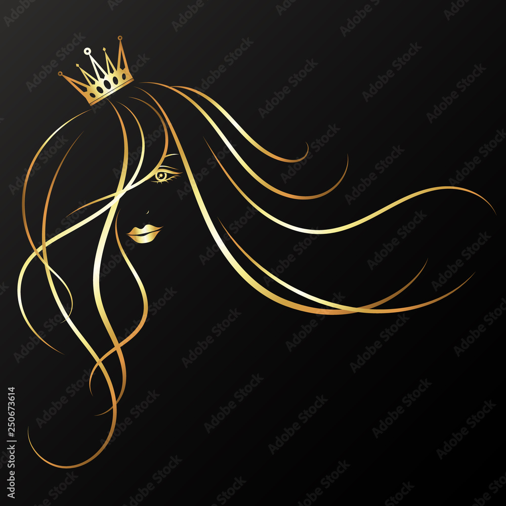 Beautiful girl with curls of hair and a golden crown. Silhouette for beauty  salon and hairdresser Stock Vector | Adobe Stock