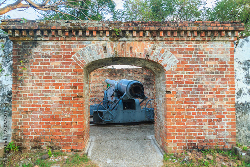 Disappearing carriage gun at Phi Sua Samut Fort, the public place in Thailand. Disappearing carriage gun is an obsolete type of artillery which enabled a gun to hide from direct fire and observation.