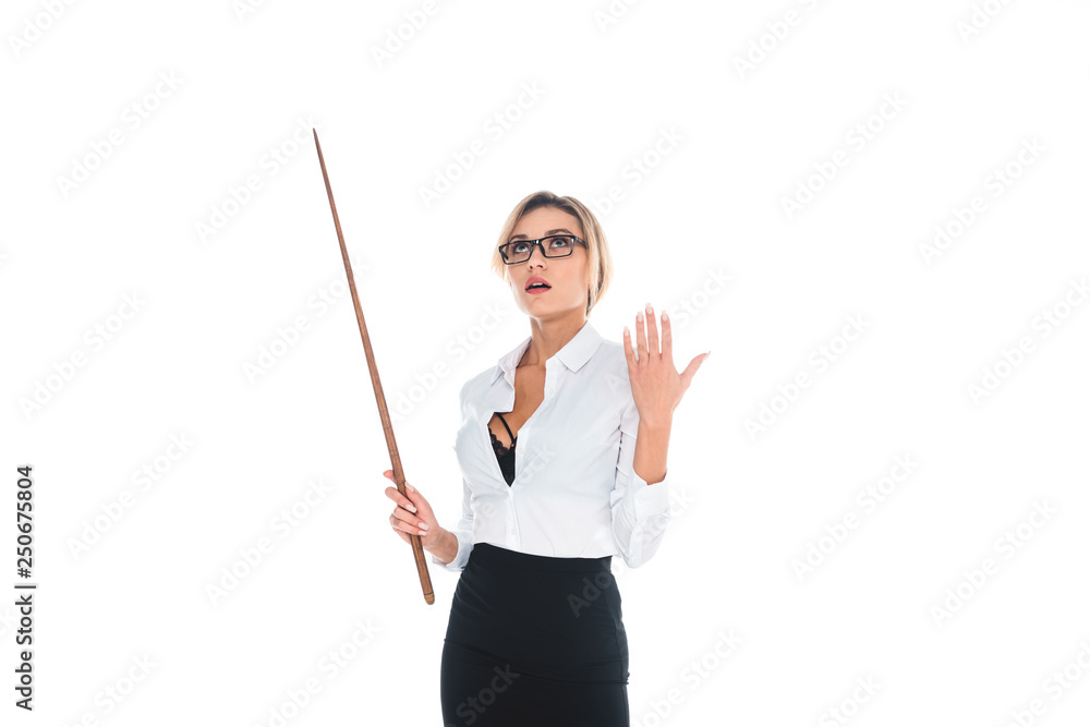attractive teacher in black skirt and blouse with open neckline holding pointer isolated on white attractive teacher in black skirt and blouse with open neckline holding pointer isolated on white