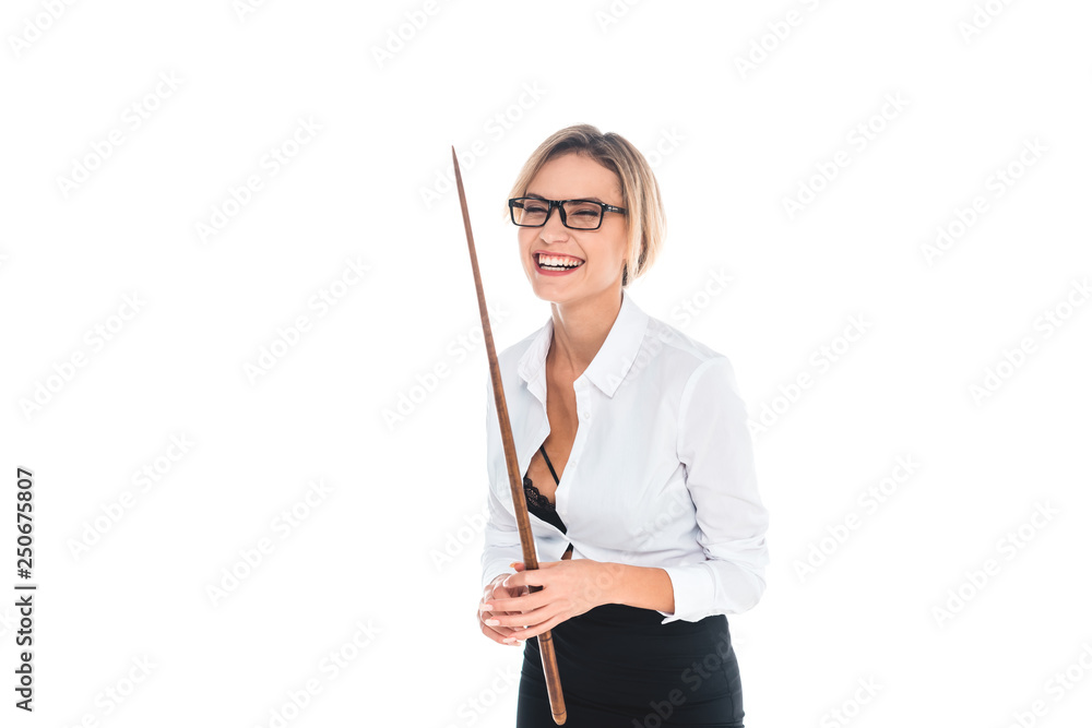 blonde teacher in blouse with open neckline smiling and holding pointer isolated on white blonde teacher in blouse with open neckline smiling and holding pointer isolated on white