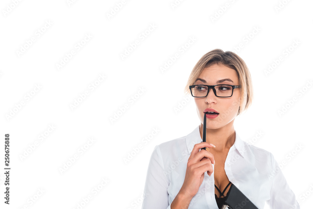 teacher in blous with open neckline holding pen near lips isolated on white teacher in blous with open neckline holding pen near lips isolated on white