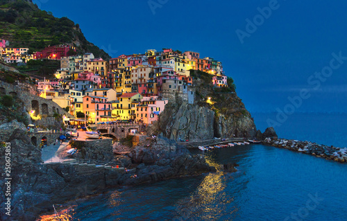 Manarola traditional typical Italian village in National park Cinque Terre with colorful multicolored buildings houses on rock cliff and marine harbor  night evening view  La Spezia  Liguria  Italy