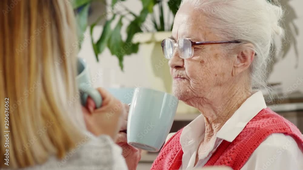 Tilt up shot of senior woman of 83 year old drinking tea, talking with daughter and smiling while spending time together at home Tilt up shot of senior woman of 83 year old drinking tea, talking with daughter and smiling while spending time together at home