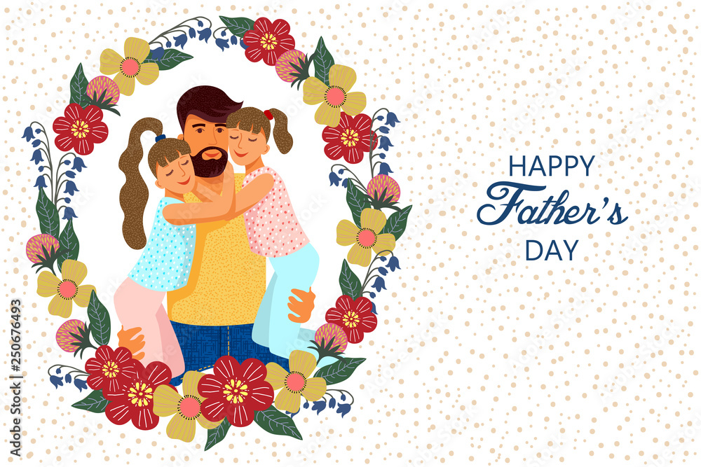 Happy fathers day. Wreath with Cute flat cartoon father and Two daughters  with text. Horizontal Vector Stock Vector | Adobe Stock