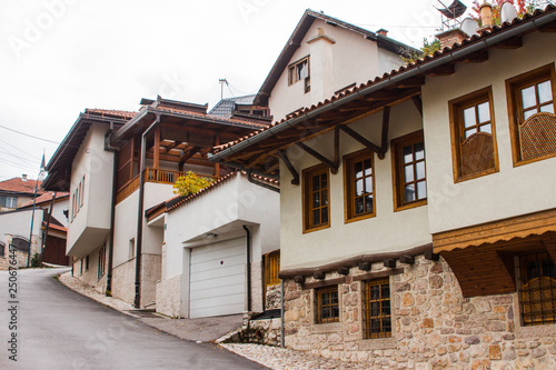 Narrow street in the historic district of Sarajevo in autumn. Bosnia and Herzegovina