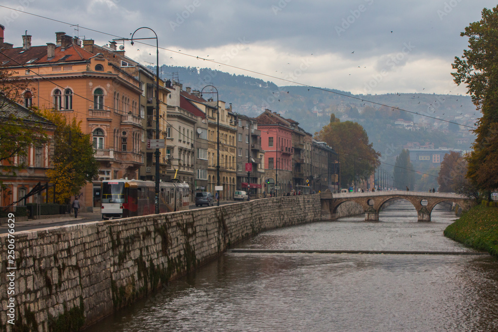 View on Latin Bridge is an Ottoman bridge over the river Miljacka in Sarajevo, Bosnia and Herzegovina.