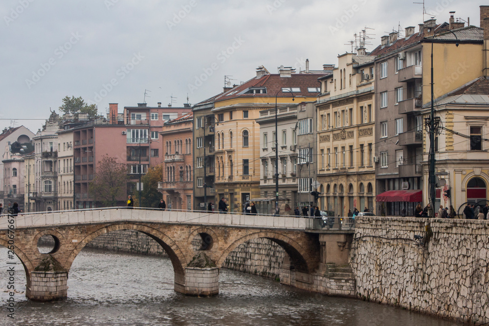 View on Latin Bridge is an Ottoman bridge over the river Miljacka in Sarajevo, Bosnia and Herzegovina.