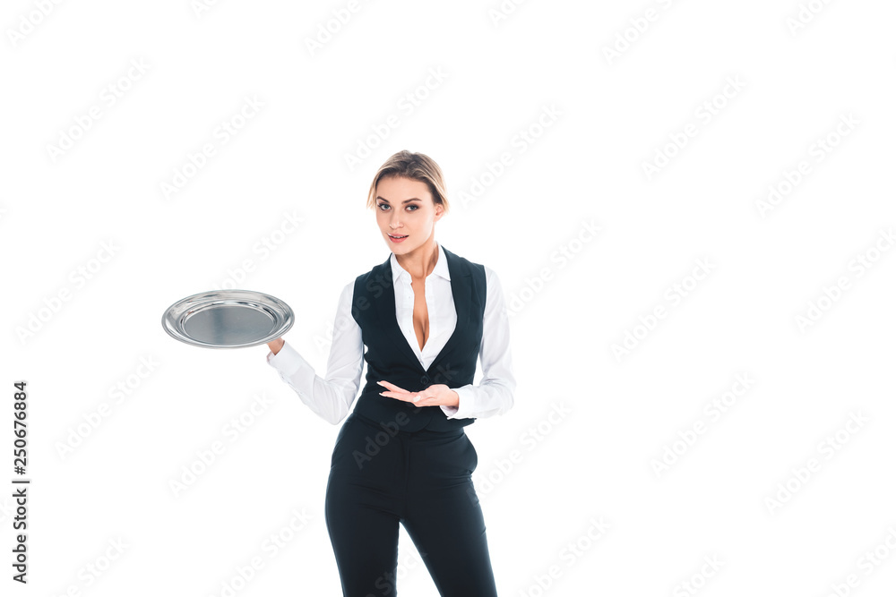 blonde waitress in black uniform standing with tray isolated on white