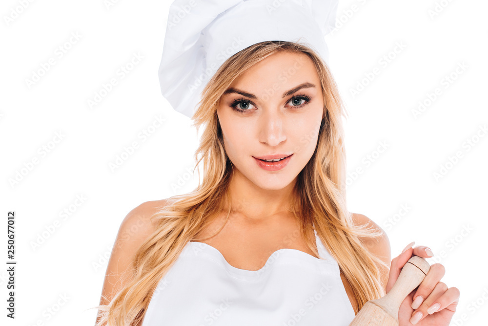 attractive cook woman in uniform with rolling pin isolated on white attractive cook woman in uniform with rolling pin isolated on white