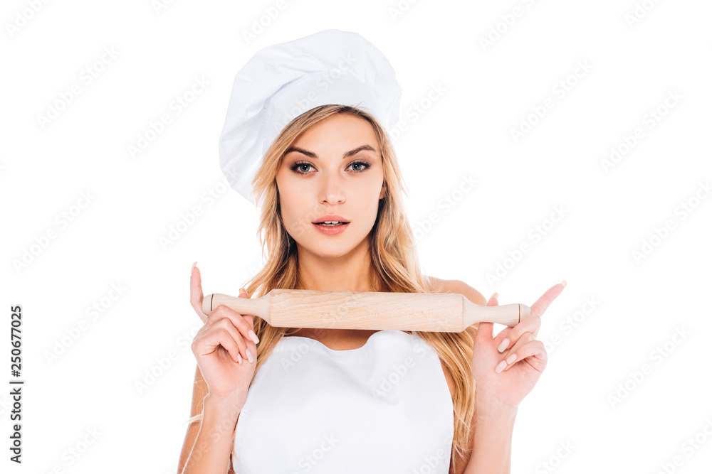 blonde cook woman in uniform holding rolling pin isolated on white blonde cook woman in uniform holding rolling pin isolated on white