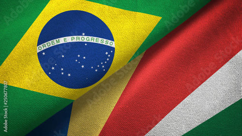 Brazil and Seychelles two flags textile cloth, fabric texture