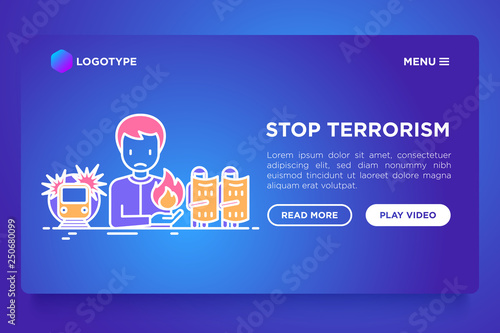 Stop terrorism web page template with thin line icons: terrorist, civil disorder, national army, hostage, suicide, bomber. Vector illustration on gradient background.