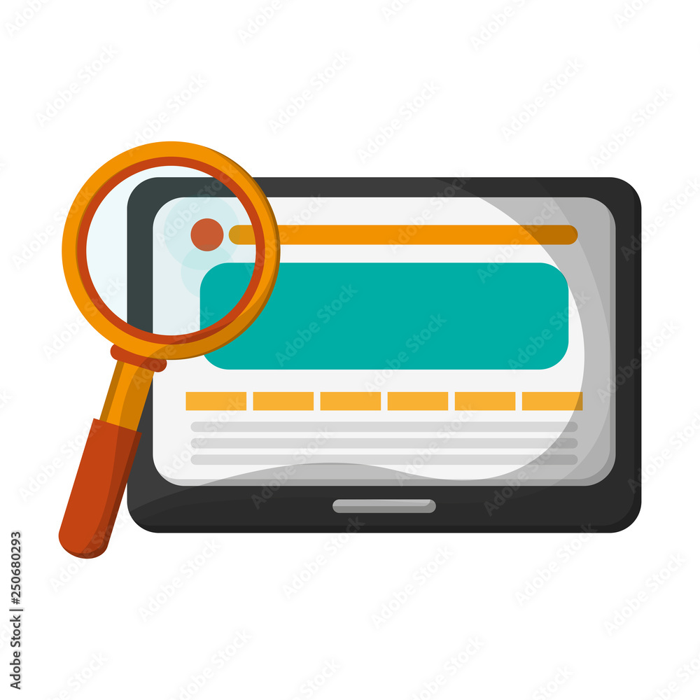 Tablet and magnifying glass symbol Tablet and magnifying glass symbol