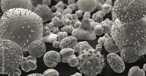 3d illustration of many different pollen bodies in black and white