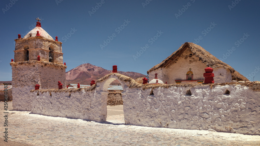 Small seventeenth-century church in the village of Parinacota, at 4,400 meters above sea level, in the Lauca National Park, northern Chile