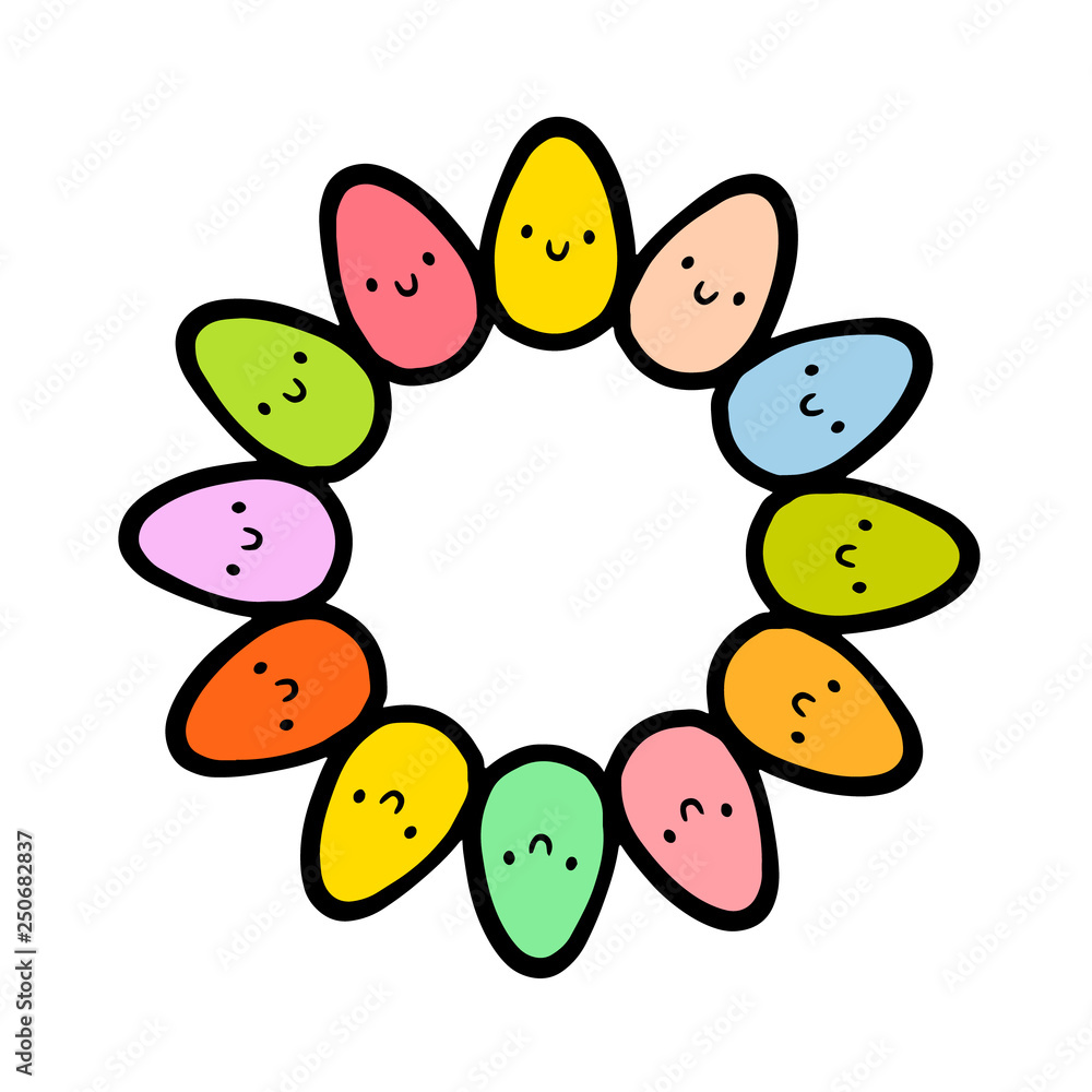 Colorful eggs smiling together hand drawn mandala wreath illustration
