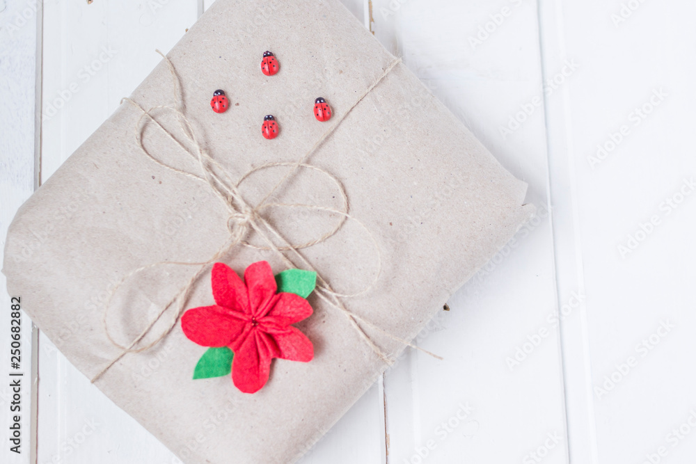 Beautiful present with ladybug. Craft paper Beautiful present with ladybug. Craft paper