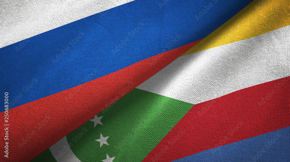 Russia and Comoros two flags textile cloth, fabric texture