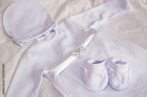clothes for the baptism of infants,white clothes for girls at baptism, a skirt, a hat and slippers