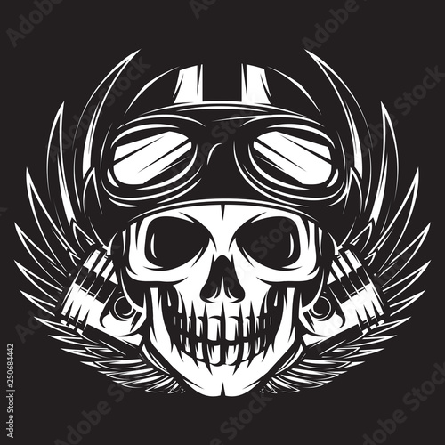 Vector illustration on a motorcycle theme with skull, wings and piston