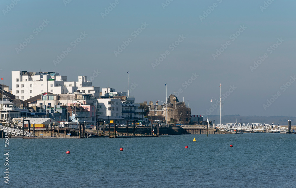 Cowes, Isle of Wight, UK, February 2019.The Royal Yacht Squadron building located on the westbank of River Medina estuary. Famous yachting centre.
