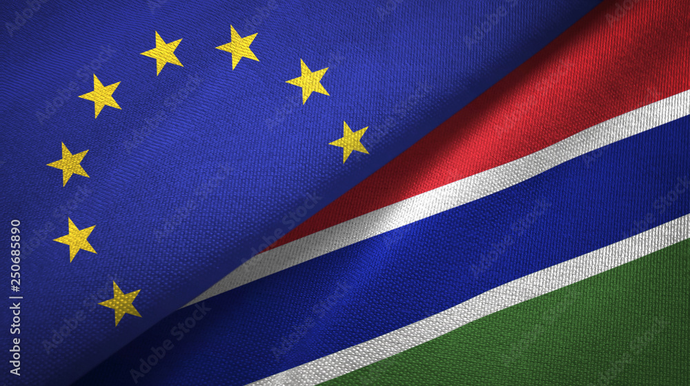 European Union and Gambia two flags textile cloth, fabric texture
