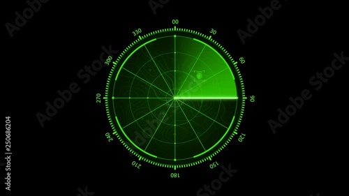 Radar loop with Alpha Matte, Digital green radar with targets on monitor in searching. Air search . Military search system . Navigation interface . Navy sonar. Head up display