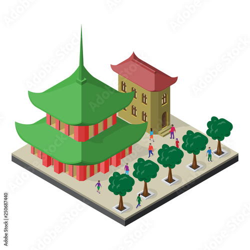 Isometric cityscape with oriental culture. Pagoda, building, trees alley and people.