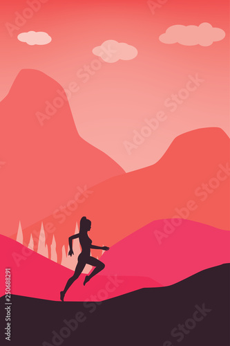 Active lifestyle Concept - Running Women in Nature Pastel Color Vector Template