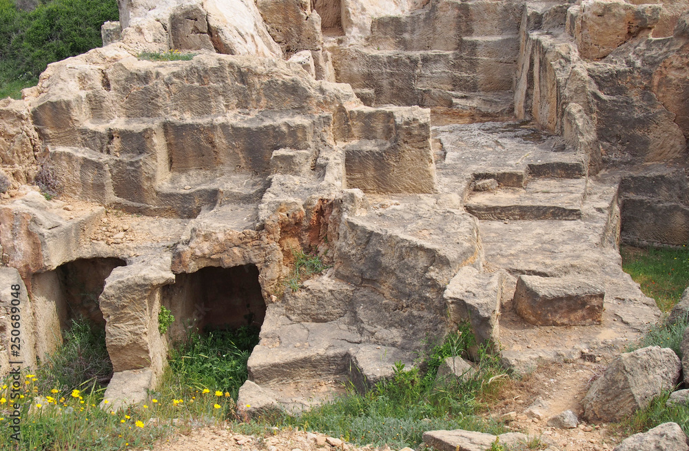carved chambers and steps in the tomb of the kings area of paphos cyprus