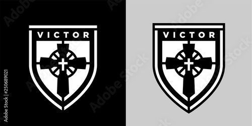 Concept religious Christian cross on shield logo sticker emblem. Jesus Christ the victor of eternal salvation icon badge. Vector illustration.